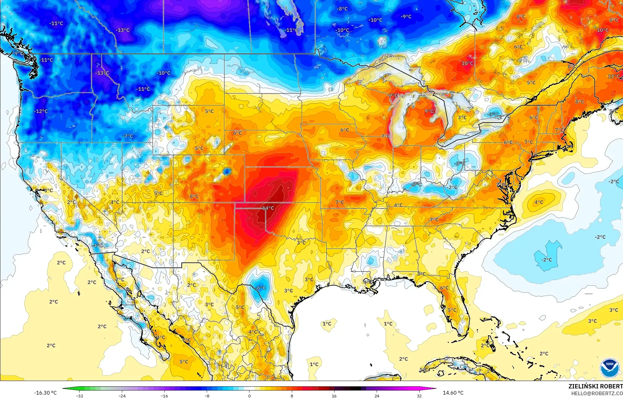 GFS model - United States, Temperature at 2m Anomaly