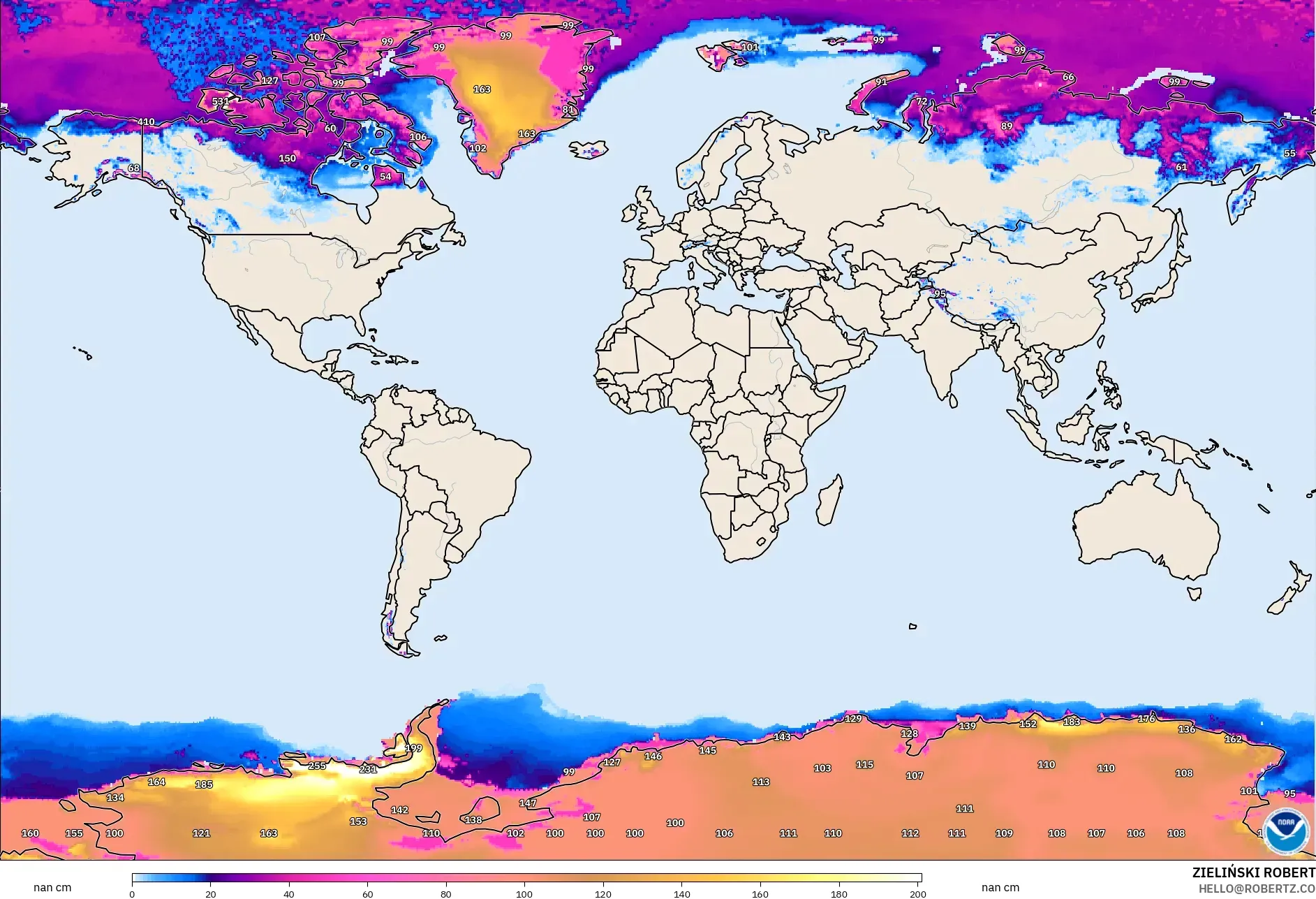 GFS model - World, Snow Depth