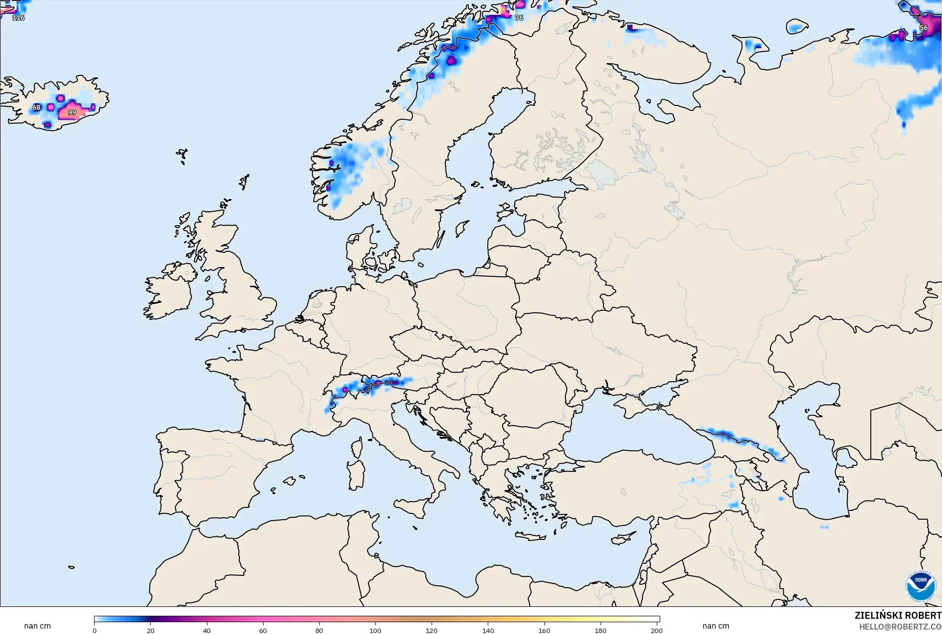 GFS model - Europe, Snow Depth