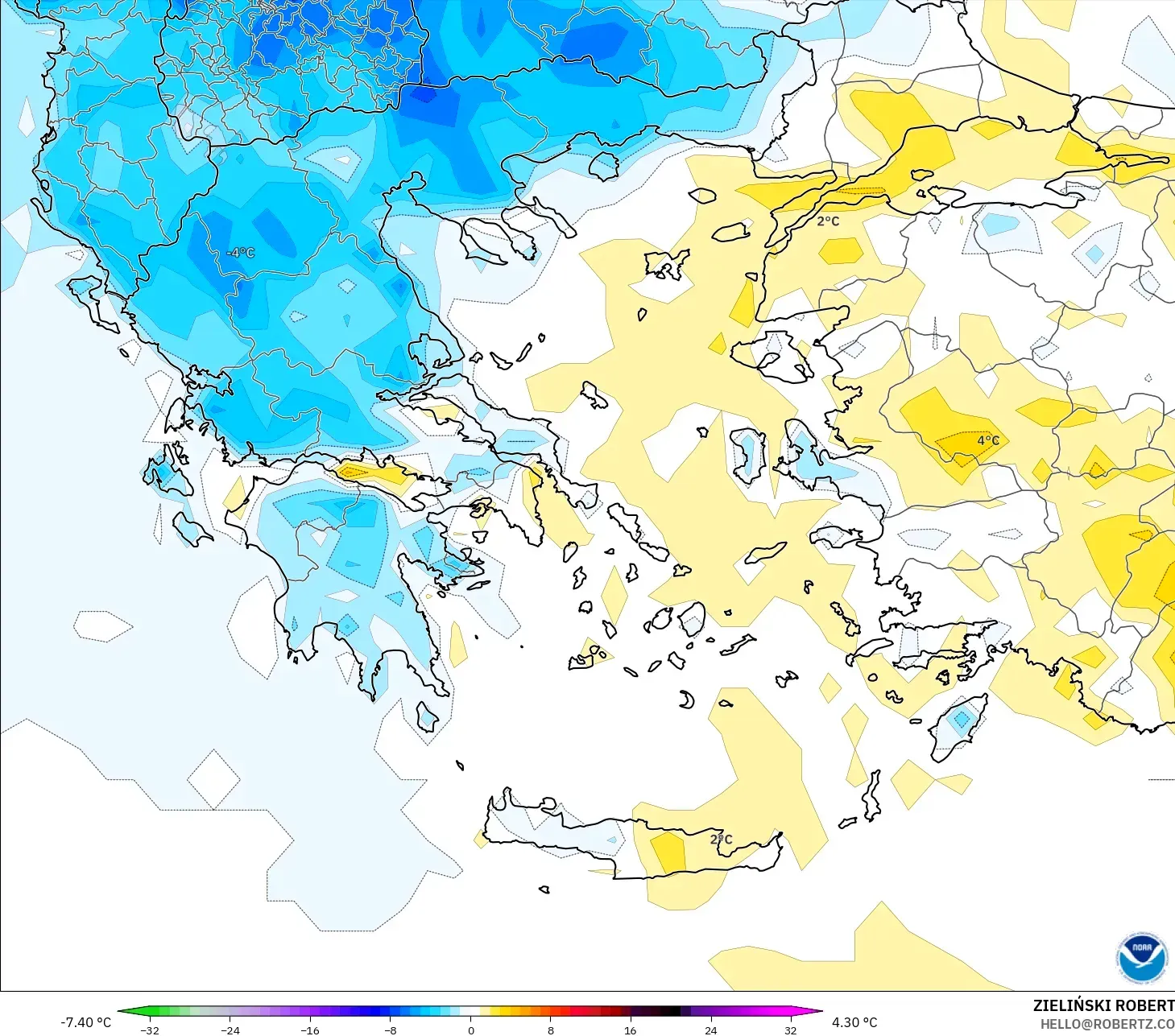 GFS model - Greece, Temperature at 2m Anomaly