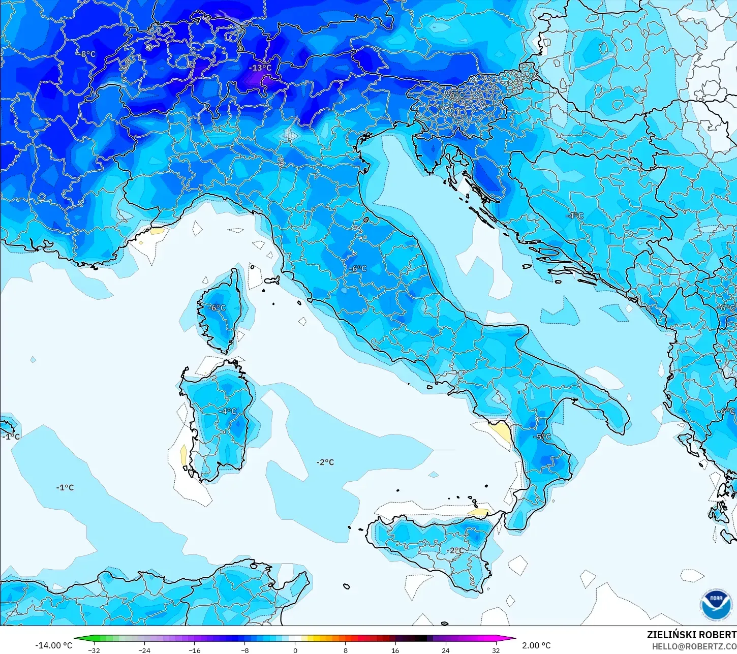 GFS model - Italy, Temperature at 2m Anomaly