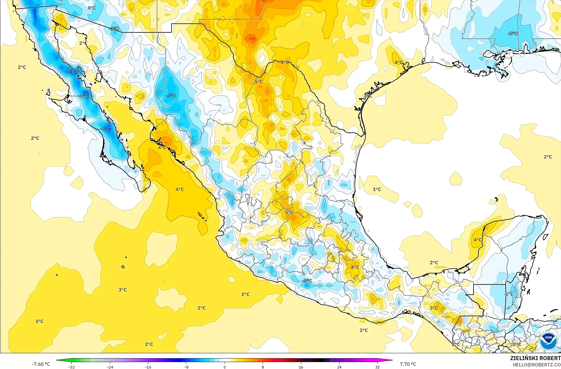 GFS model - Mexico, Temperature at 2m Anomaly