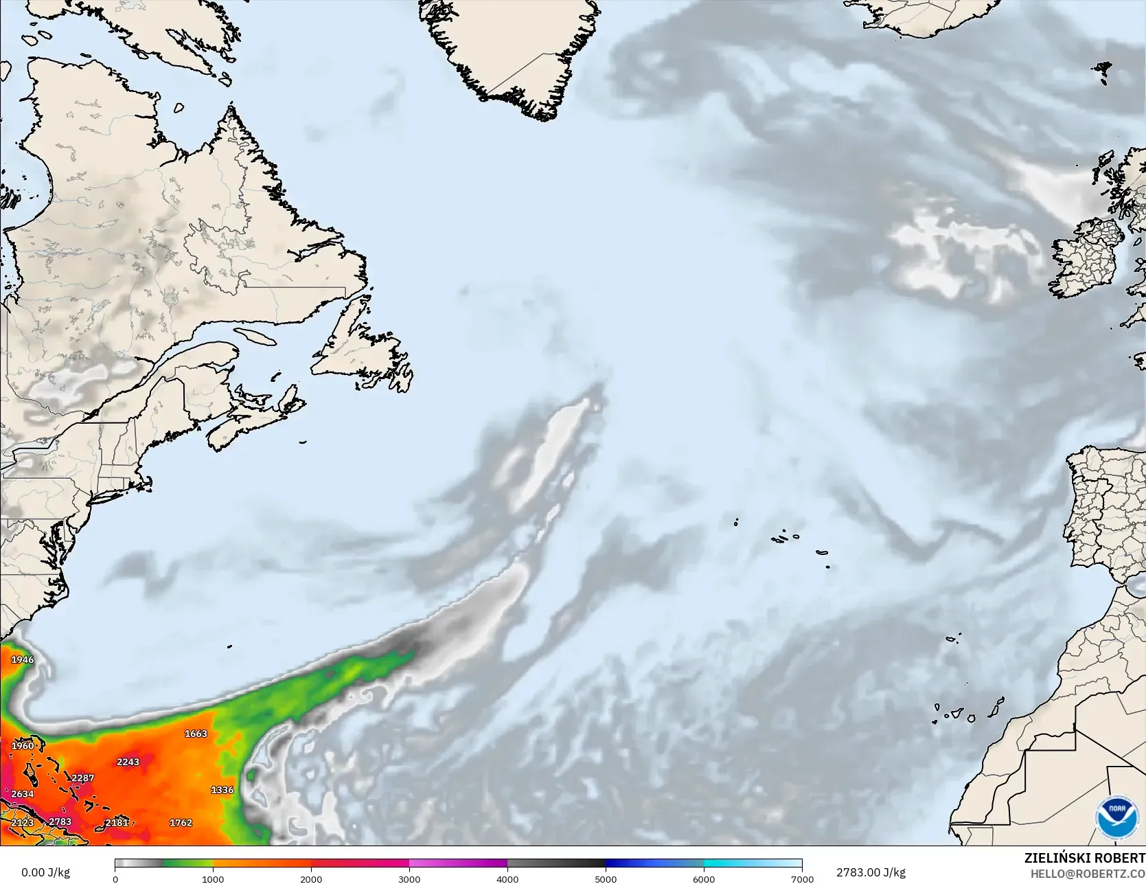 GFS model - North Atlantic, CAPE