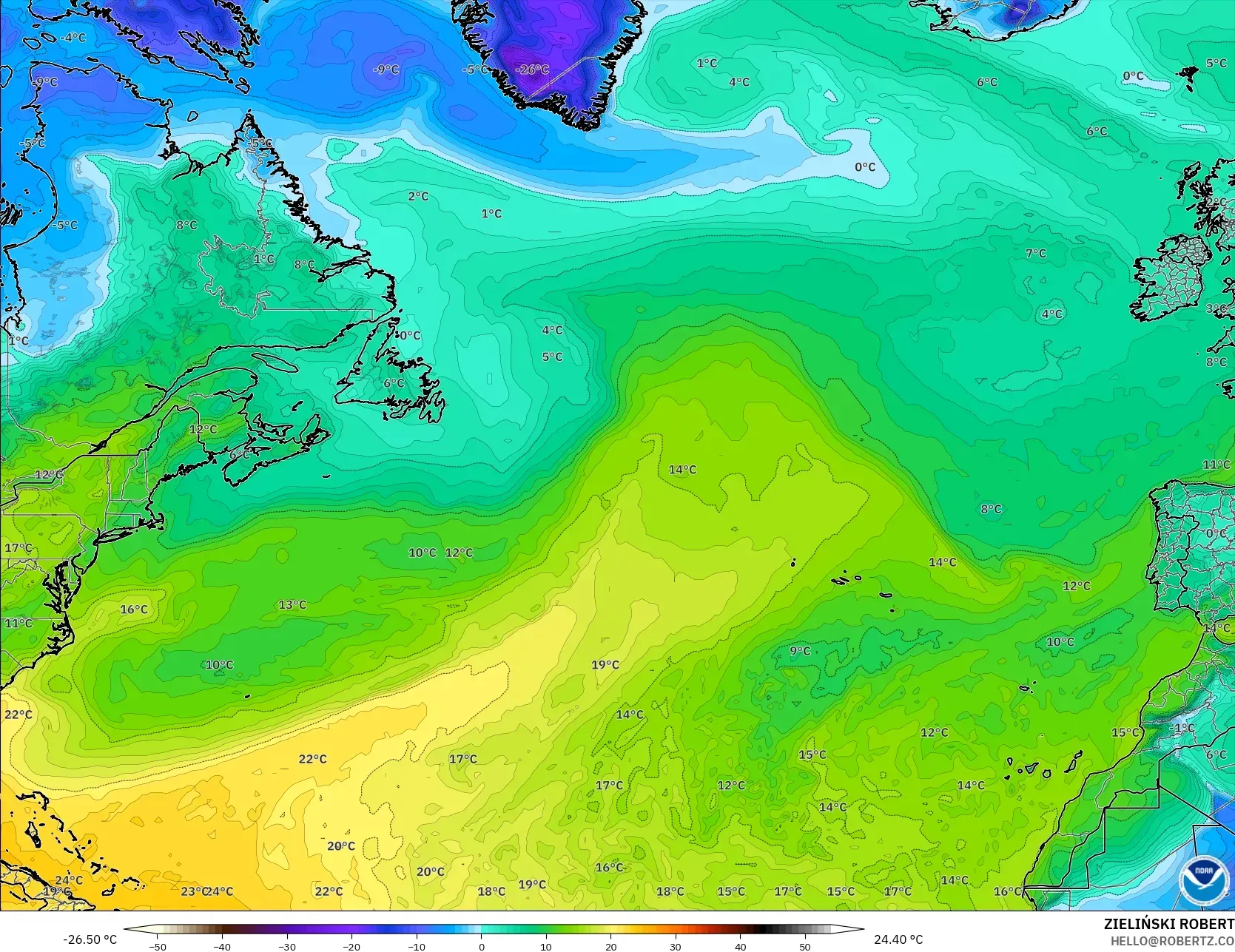 GFS model - North Atlantic, Dewpoint at 2m