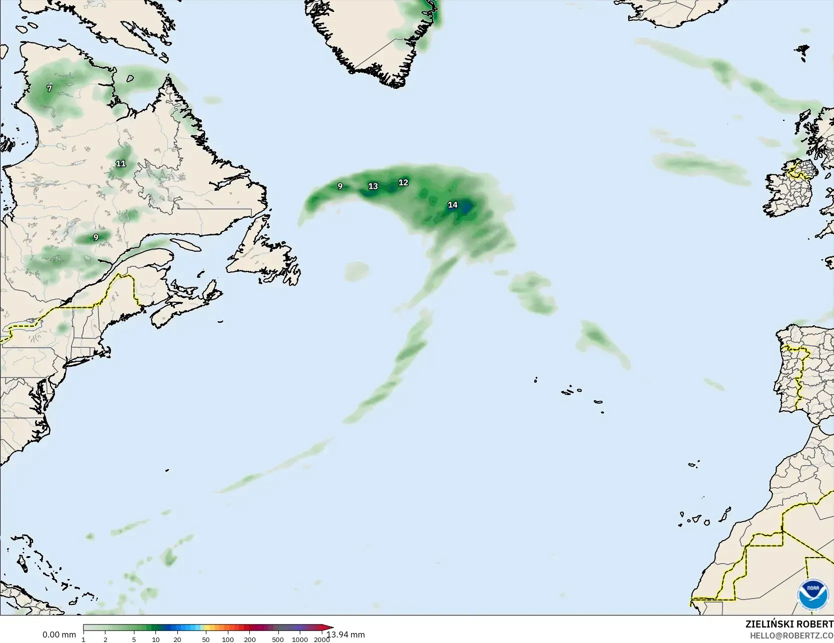 GFS model - North Atlantic, Precipitation Accumulation