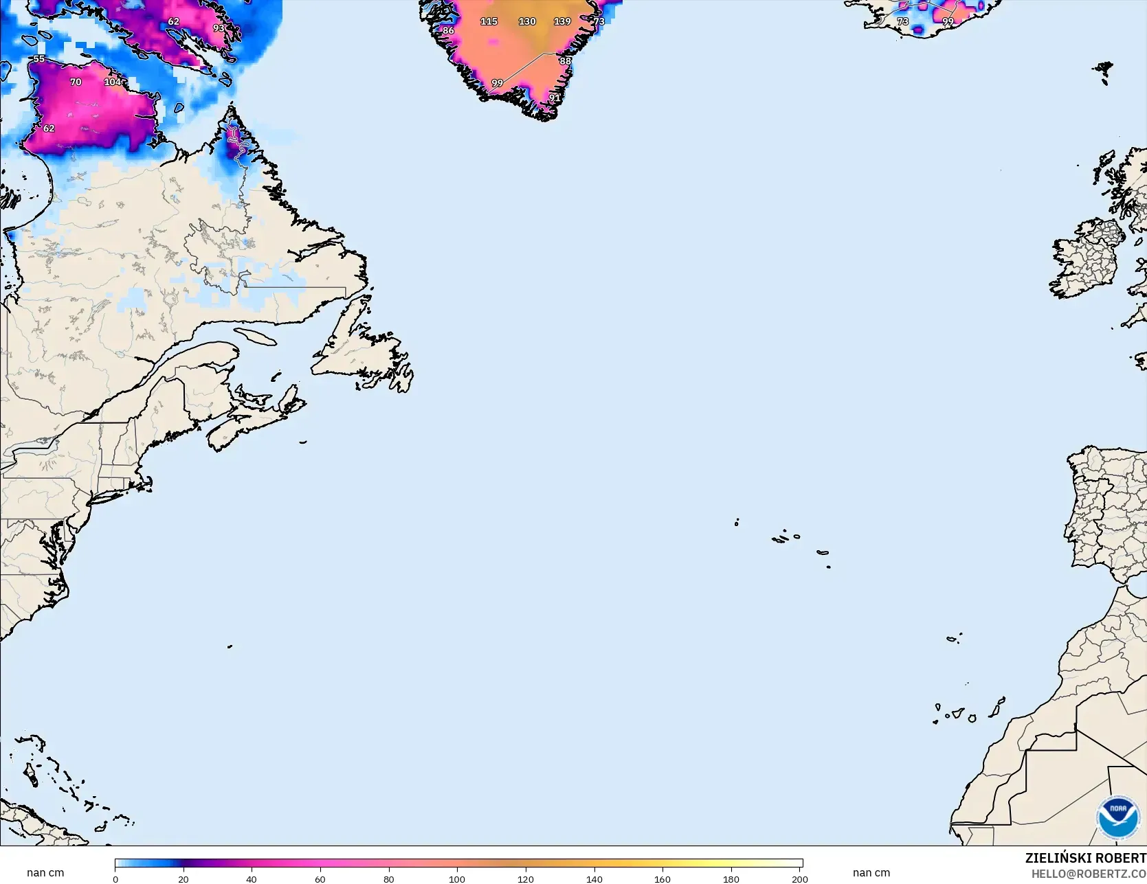 GFS model - North Atlantic, Snow Depth