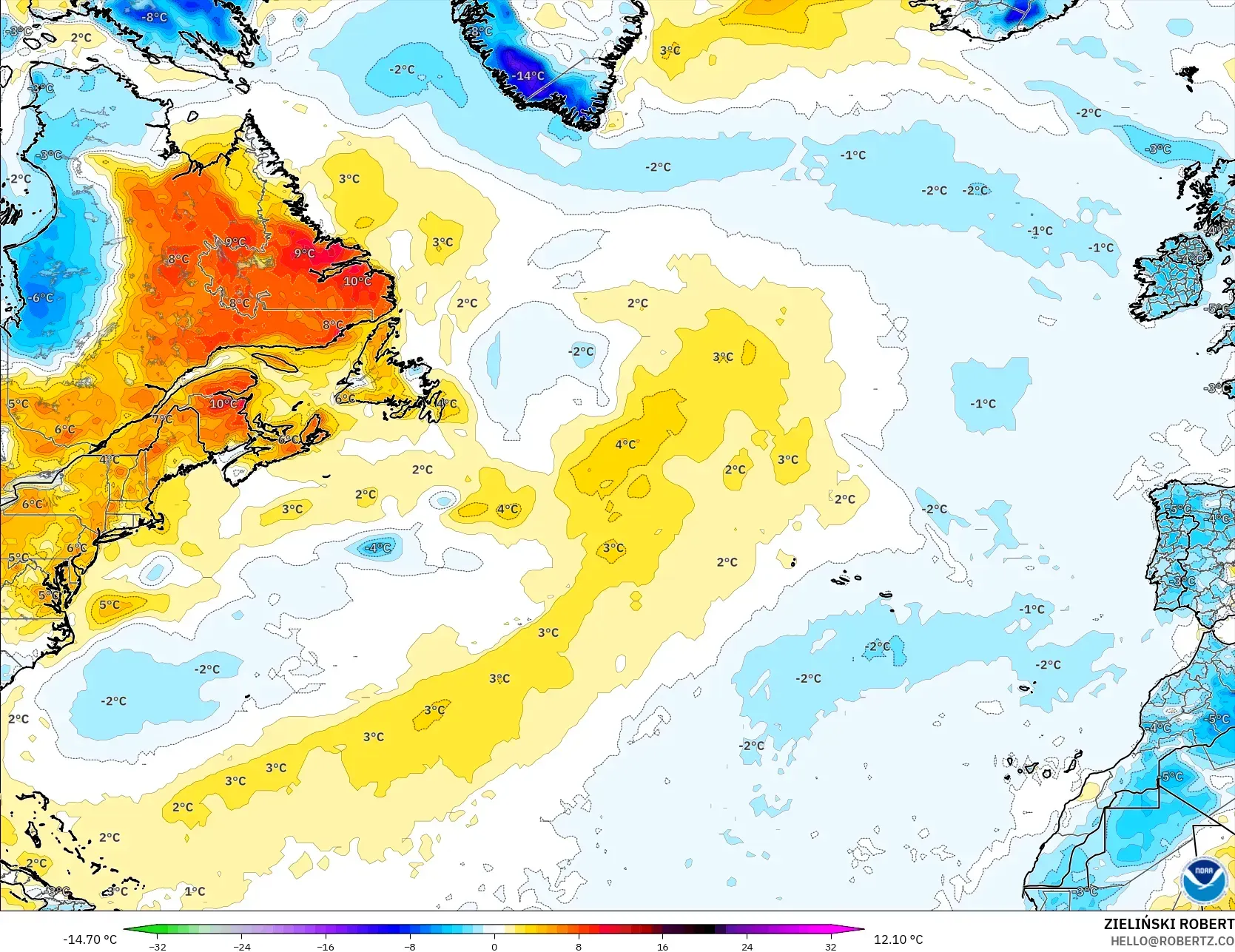 GFS model - North Atlantic, Temperature at 2m Anomaly