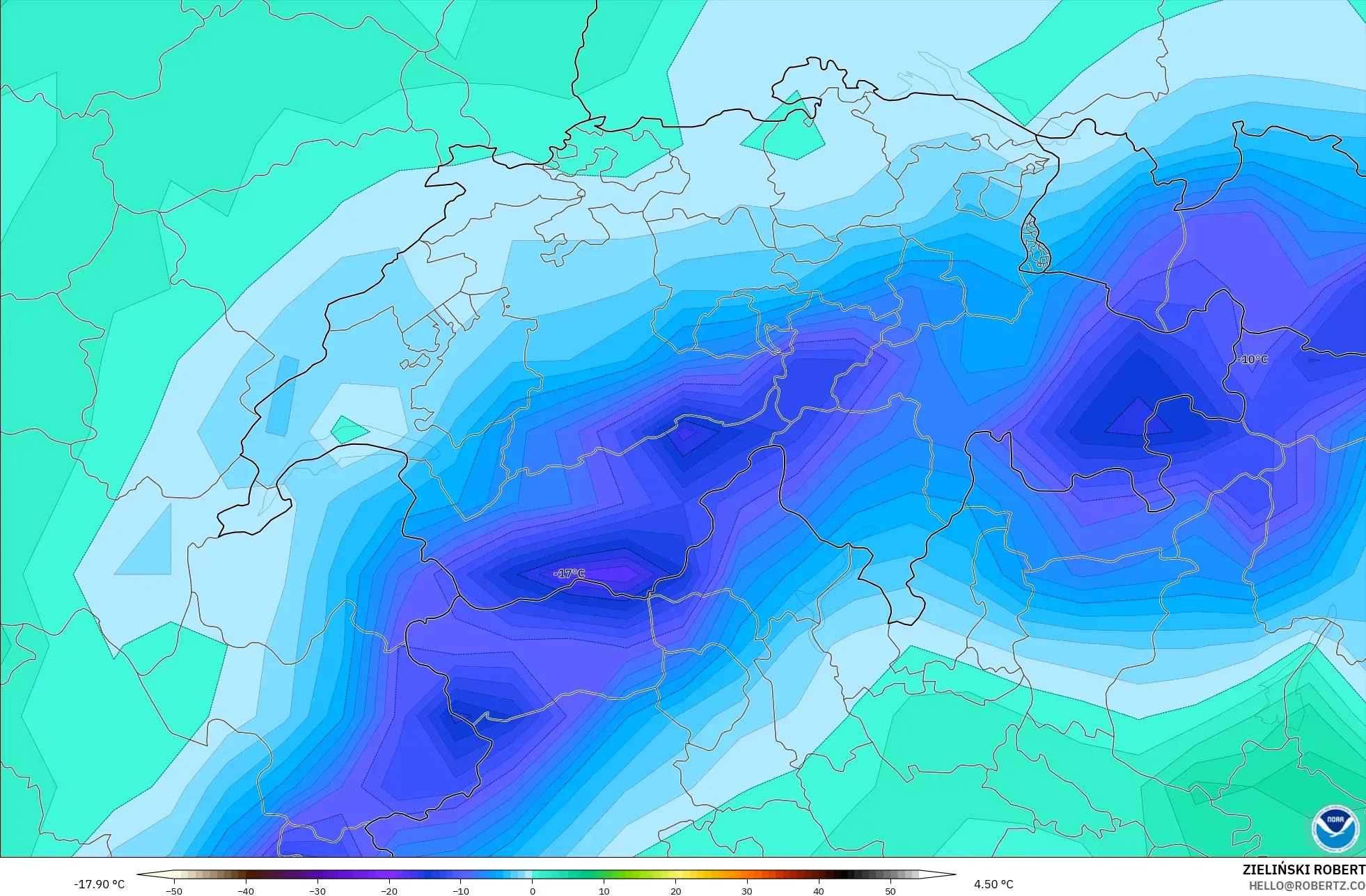 GFS model - Switzerland, Dewpoint at 2m