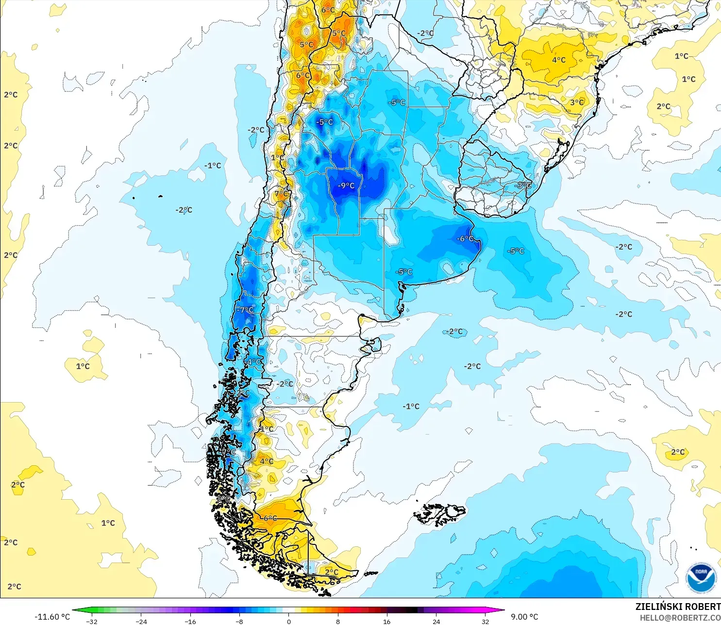 GFS model - Argentina, Temperature at 2m Anomaly