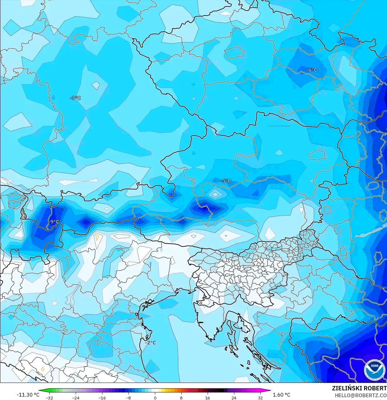 GFS model - Austria, Temperature at 2m Anomaly