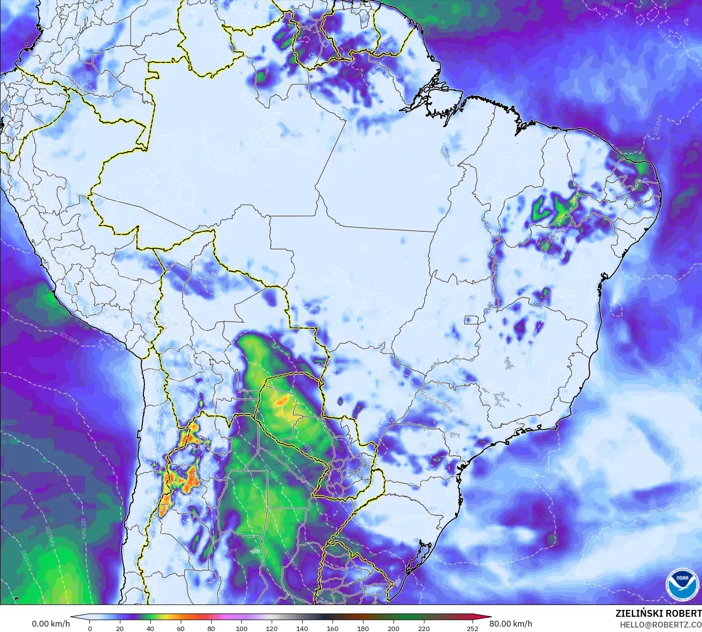 GFS model - Brazil, Wind Gusts Peak