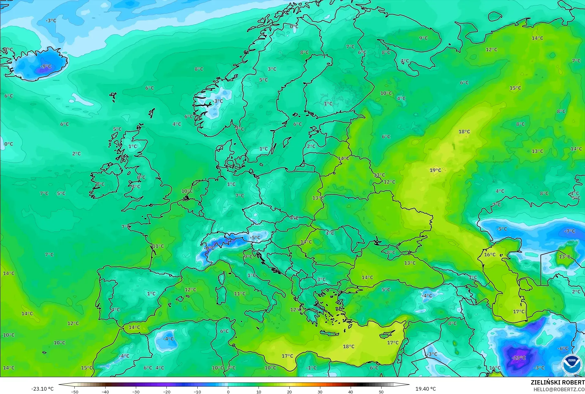 GFS model - Europe, Dewpoint at 2m