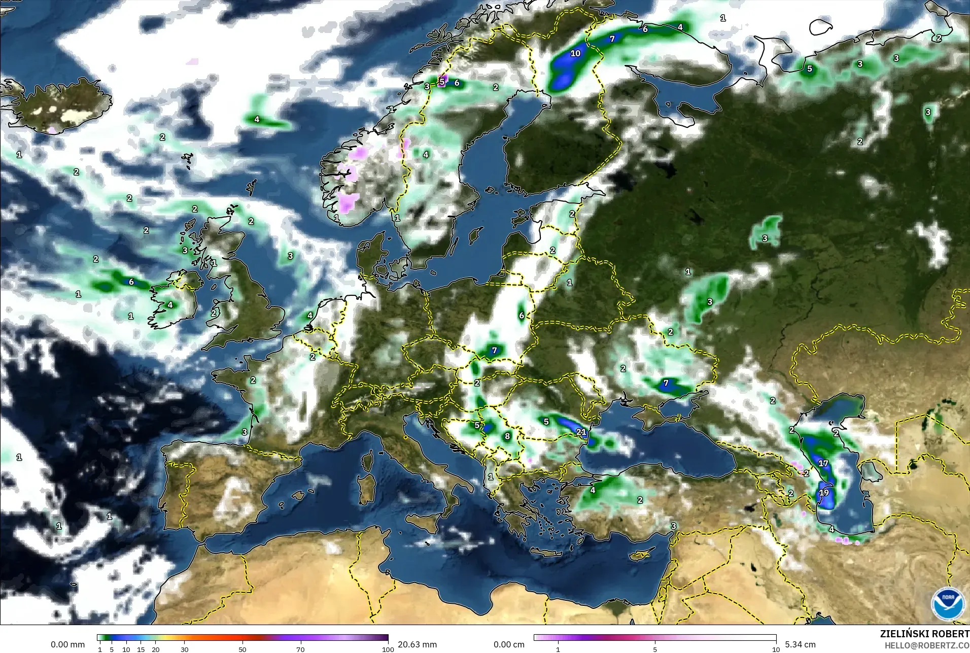 GFS model - Europe, Precipitation, Clouds, and Pressure