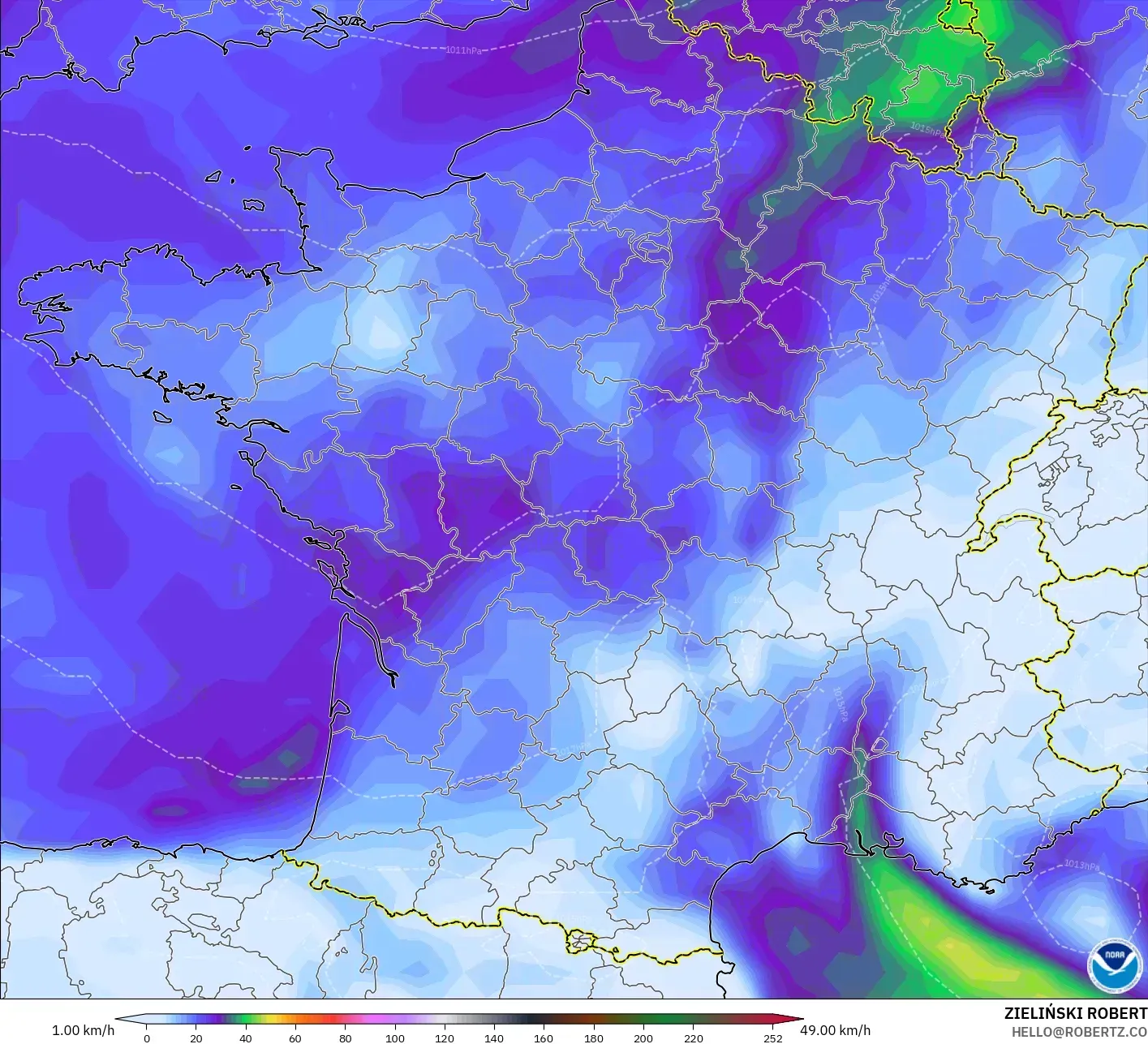 GFS model - France, Wind Gusts Peak