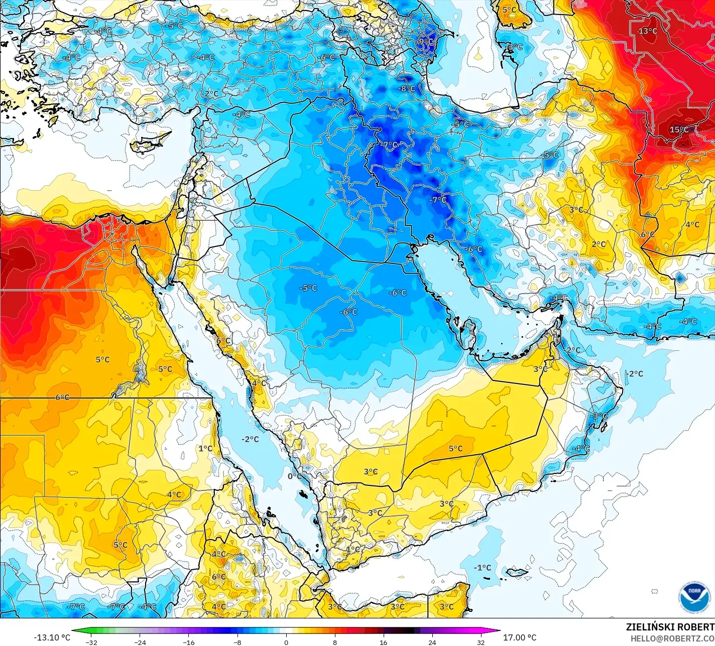GFS model - Middle East, Temperature at 2m Anomaly