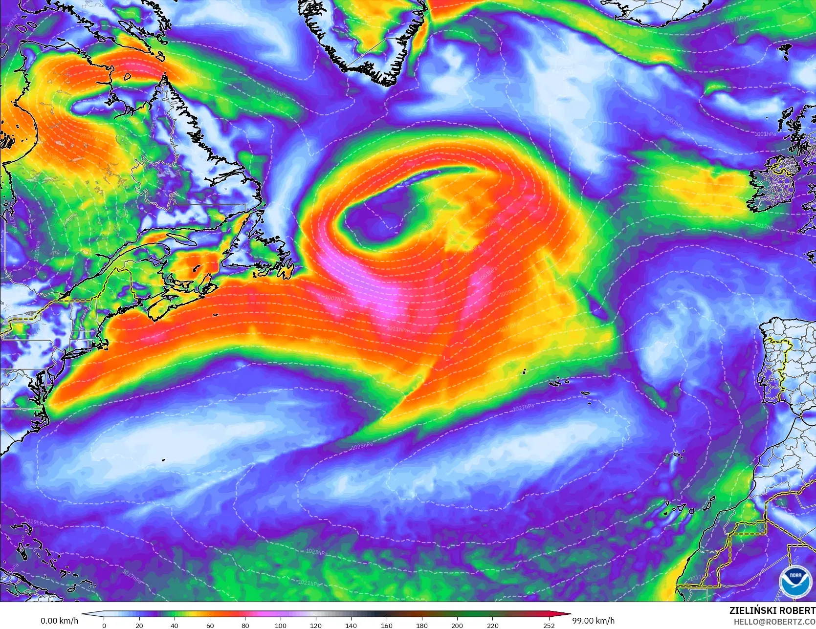 GFS model - North Atlantic, Wind Gusts