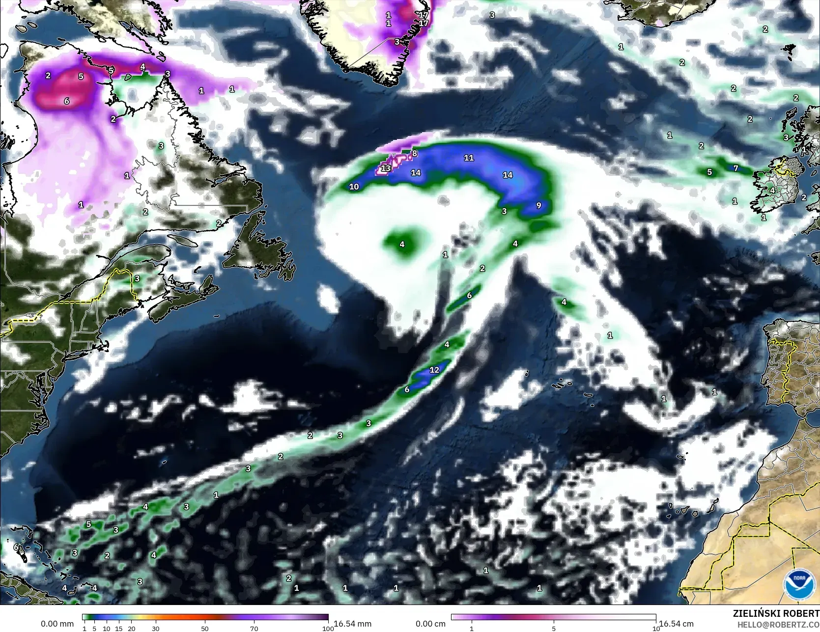 GFS model - North Atlantic, Precipitation, Clouds, and Pressure