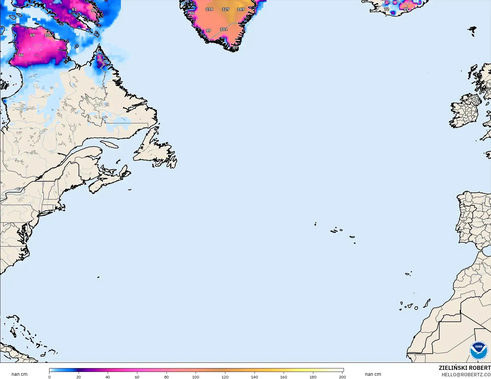 GFS model - North Atlantic, Snow Depth