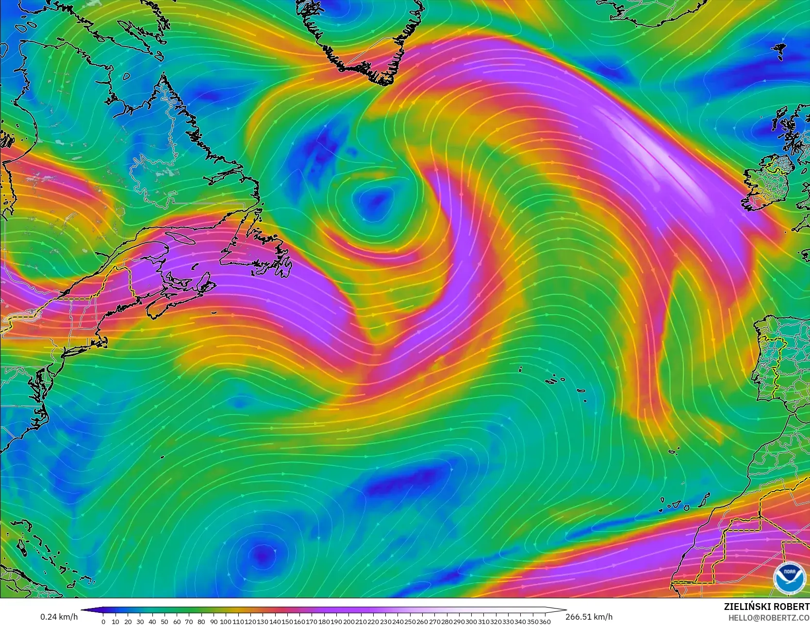 GFS model - North Atlantic, Wind at 300hPa (jet stream)