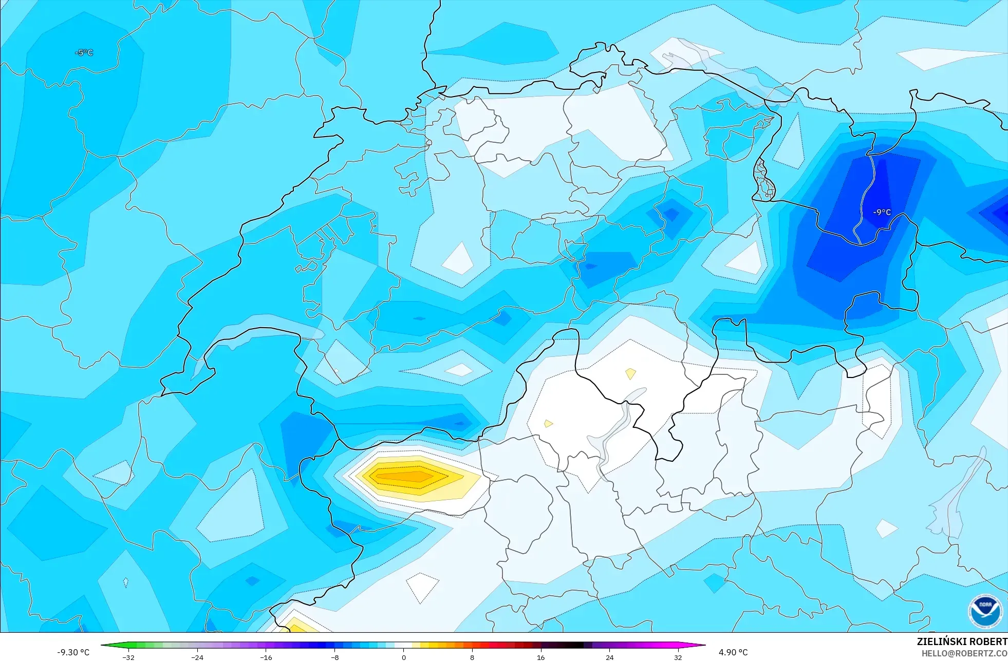GFS model - Switzerland, Temperature at 2m Anomaly