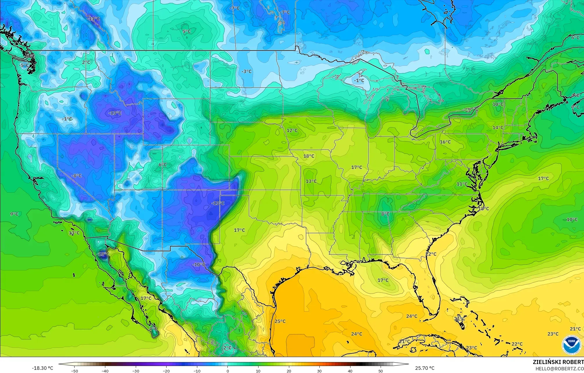 GFS model - United States, Dewpoint at 2m