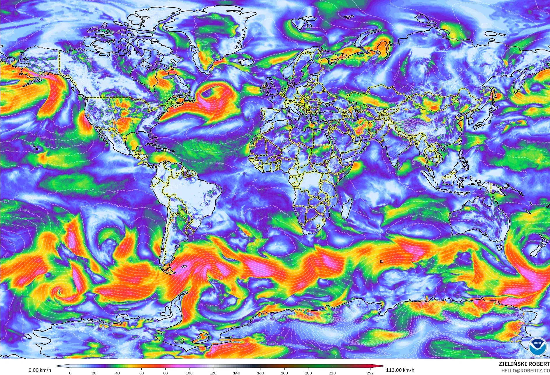 GFS model - World, Wind Gusts Peak