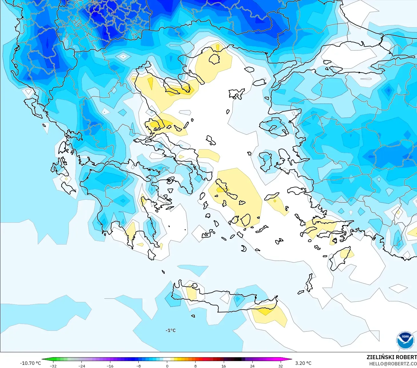GFS model - Greece, Temperature at 2m Anomaly