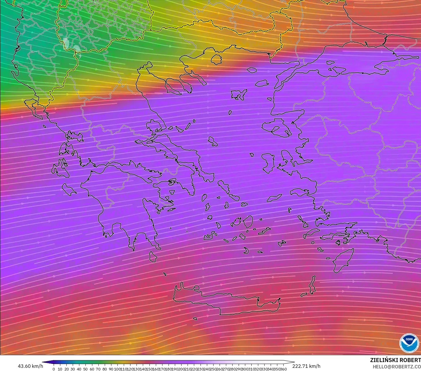 GFS model - Greece, Wind at 300hPa (jet stream)