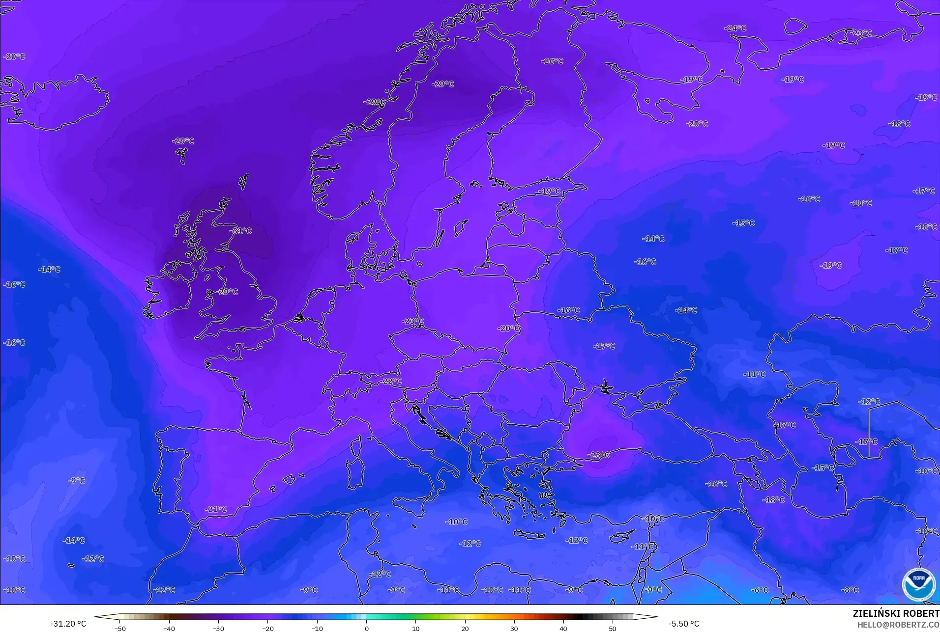 GFS model - Europe, Temperature at 500hPa