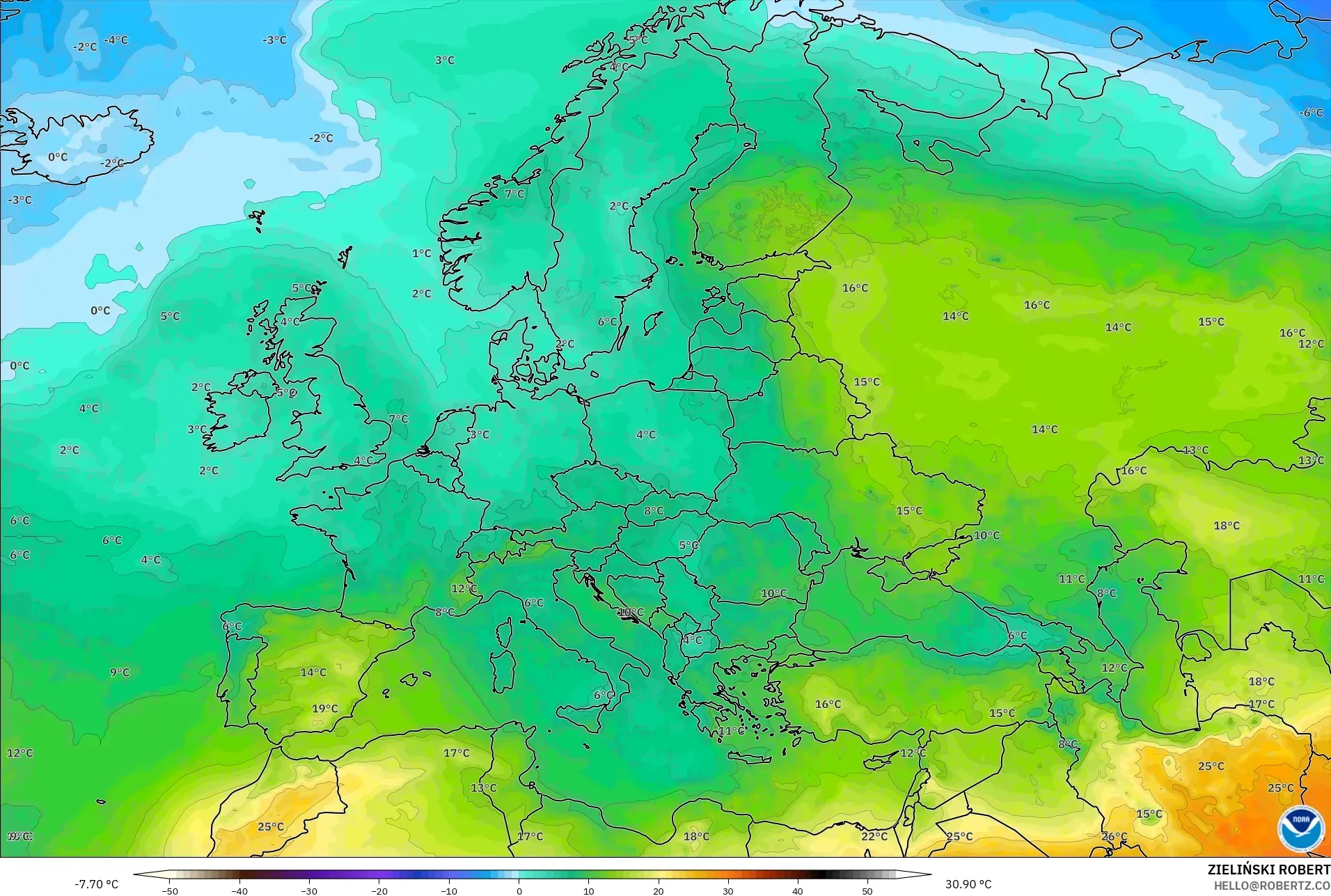 GFS model - Europe, Temperature at 850hPa
