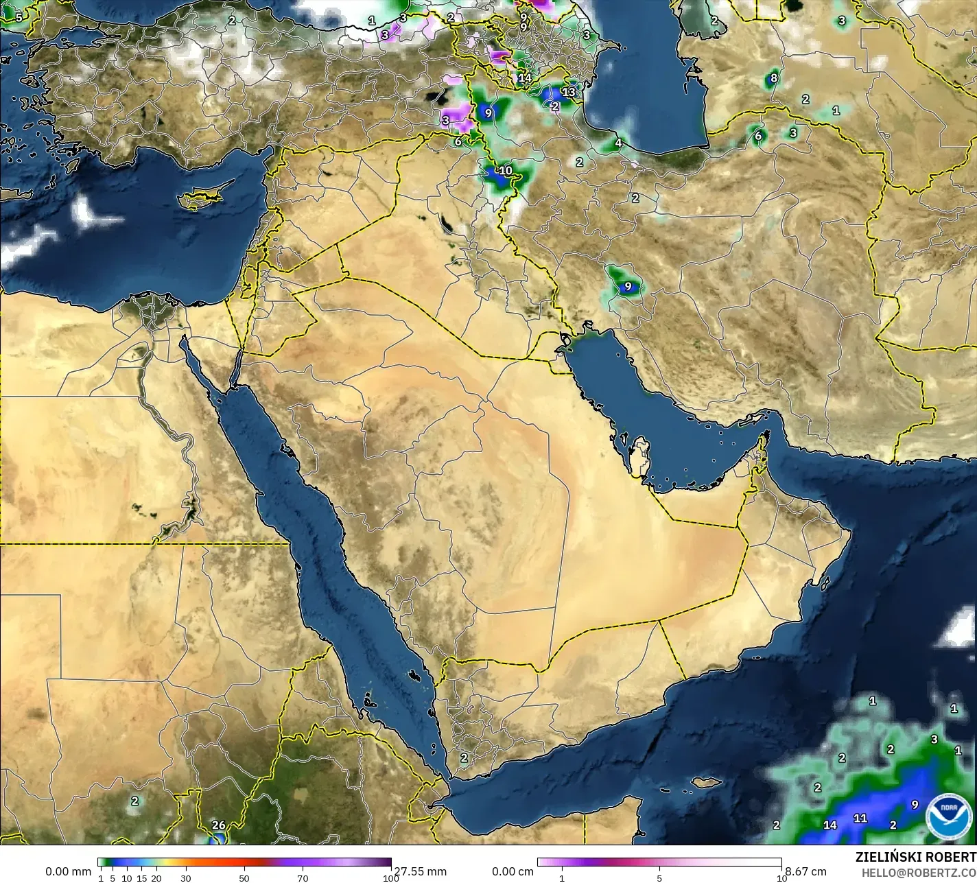 GFS model - Middle East, Precipitation, Clouds, and Pressure
