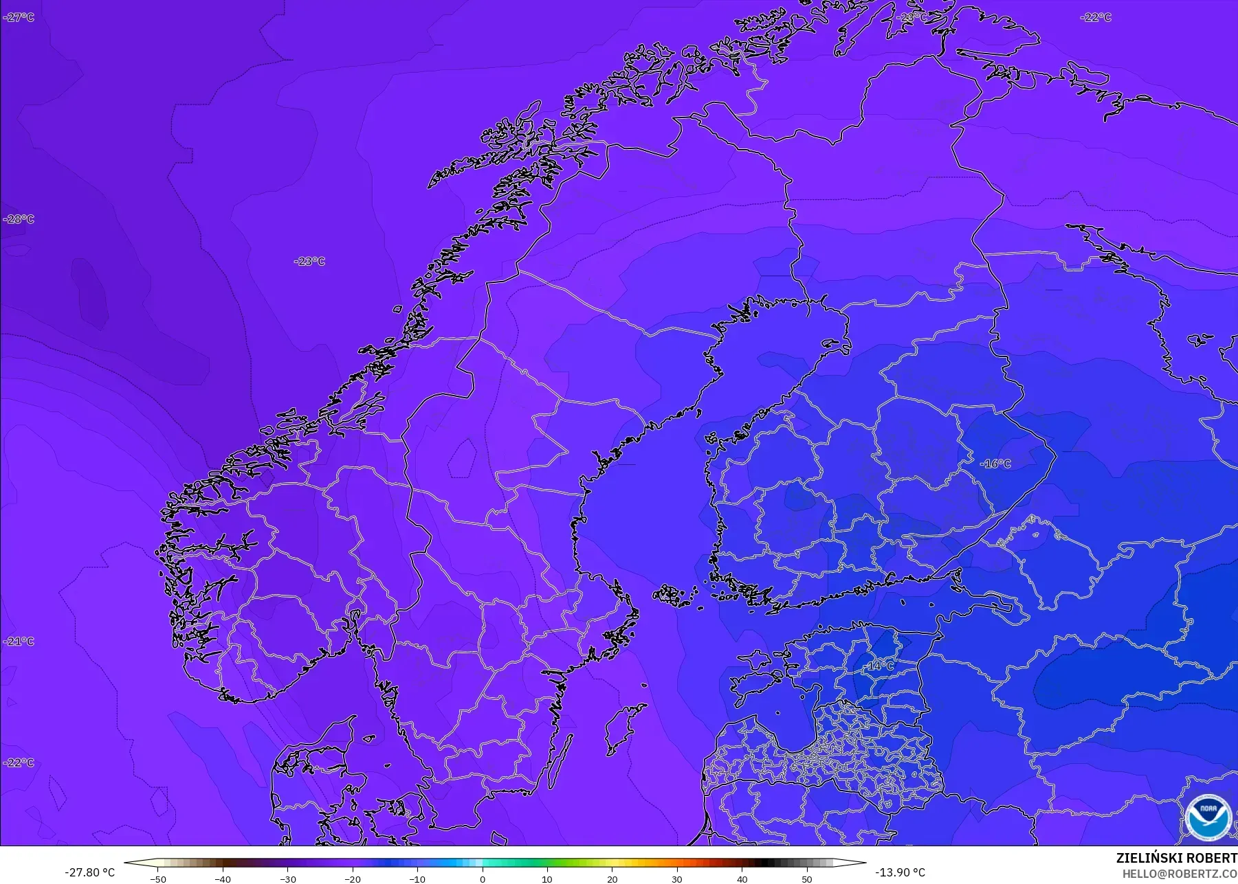 GFS model - Scandinavia, Temperature at 500hPa