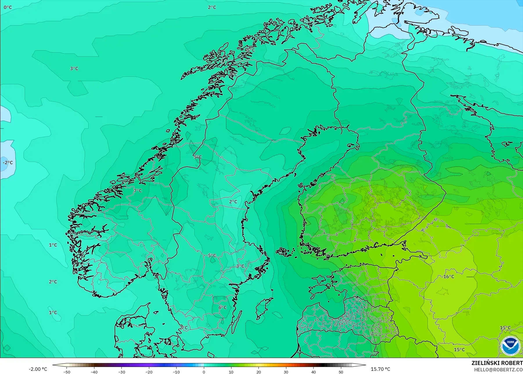 GFS model - Scandinavia, Temperature at 850hPa