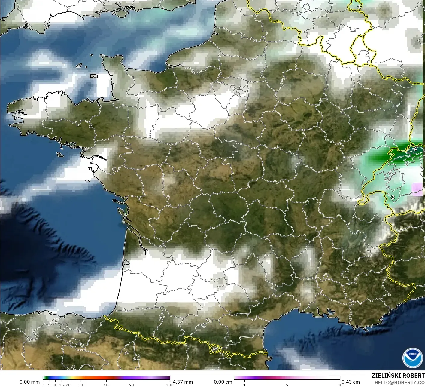 GFS model - France, Precipitation, Clouds, and Pressure