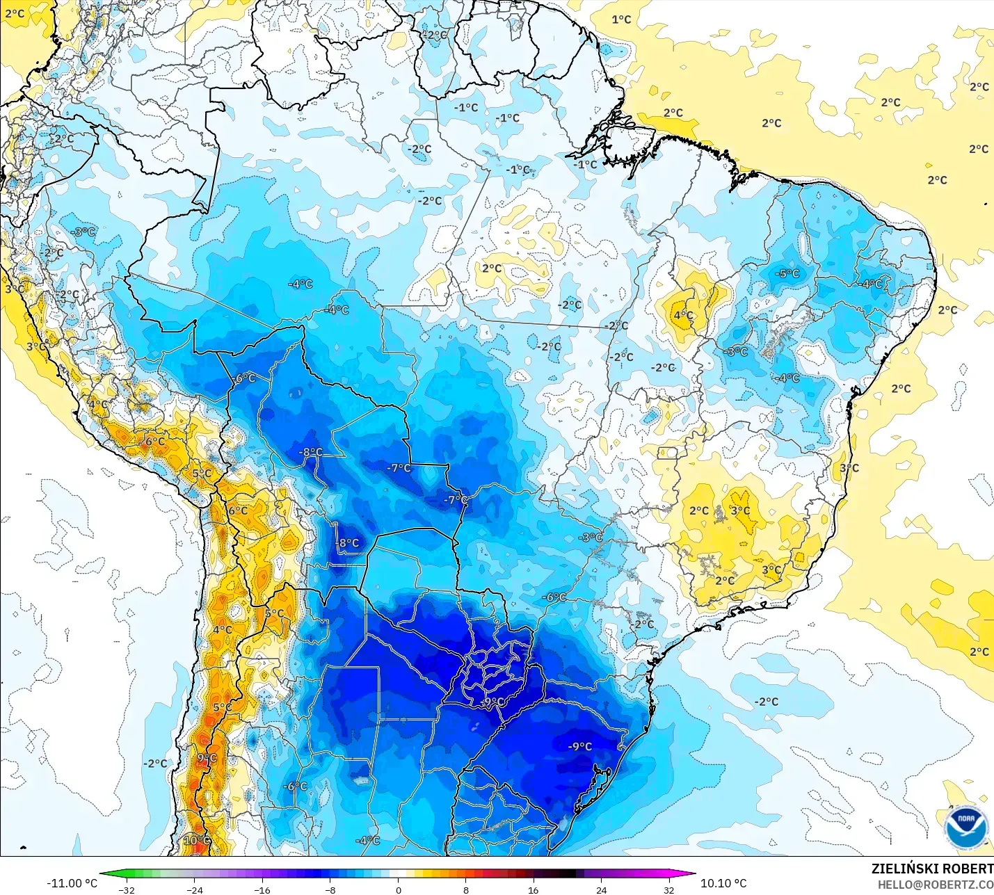 GFS model - Brazil, Temperature at 2m Anomaly