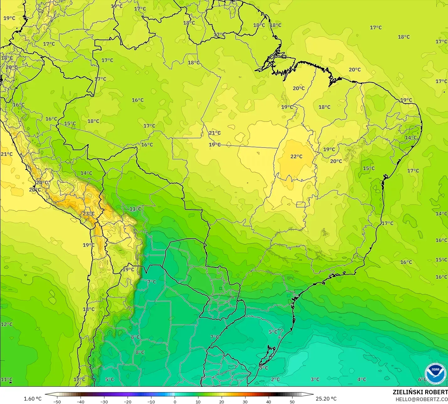 GFS model - Brazil, Temperature at 850hPa