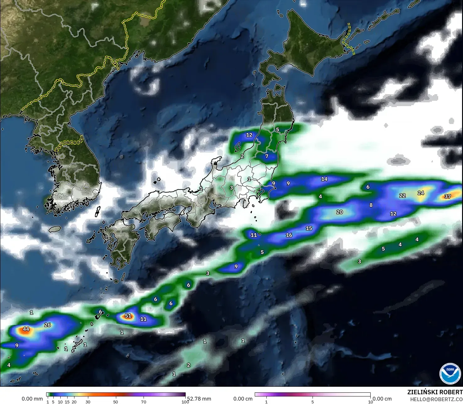 GFS model - Japan, Precipitation, Clouds, and Pressure