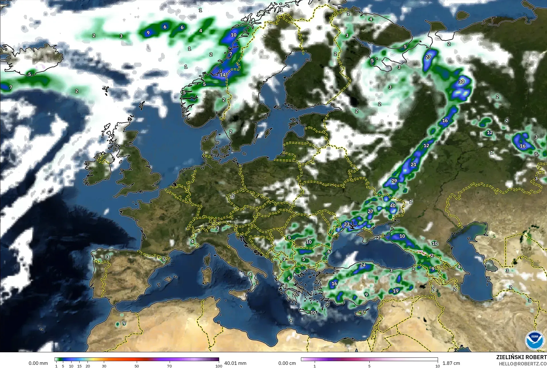 GFS model - Europe, Precipitation, Clouds, and Pressure