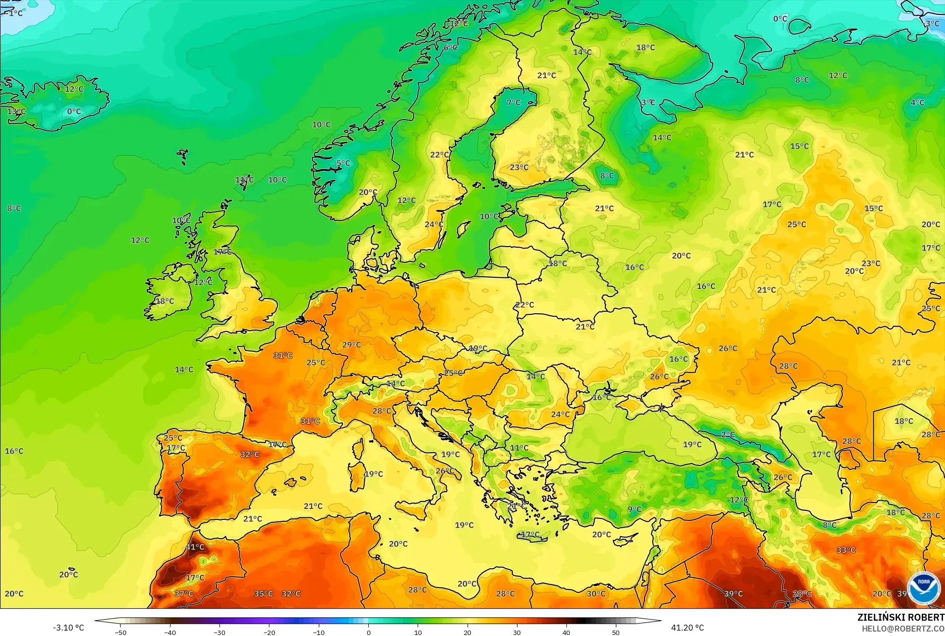 GFS model - Europe, Temperature at 2m