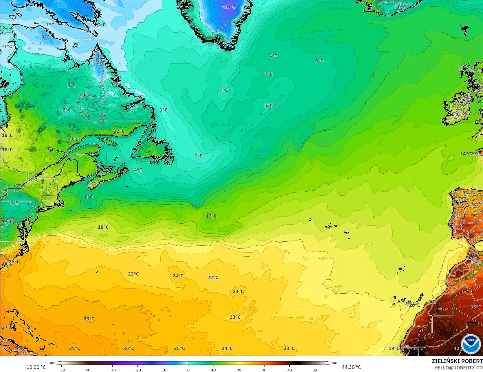 GFS model - North Atlantic, Temperature at 2m