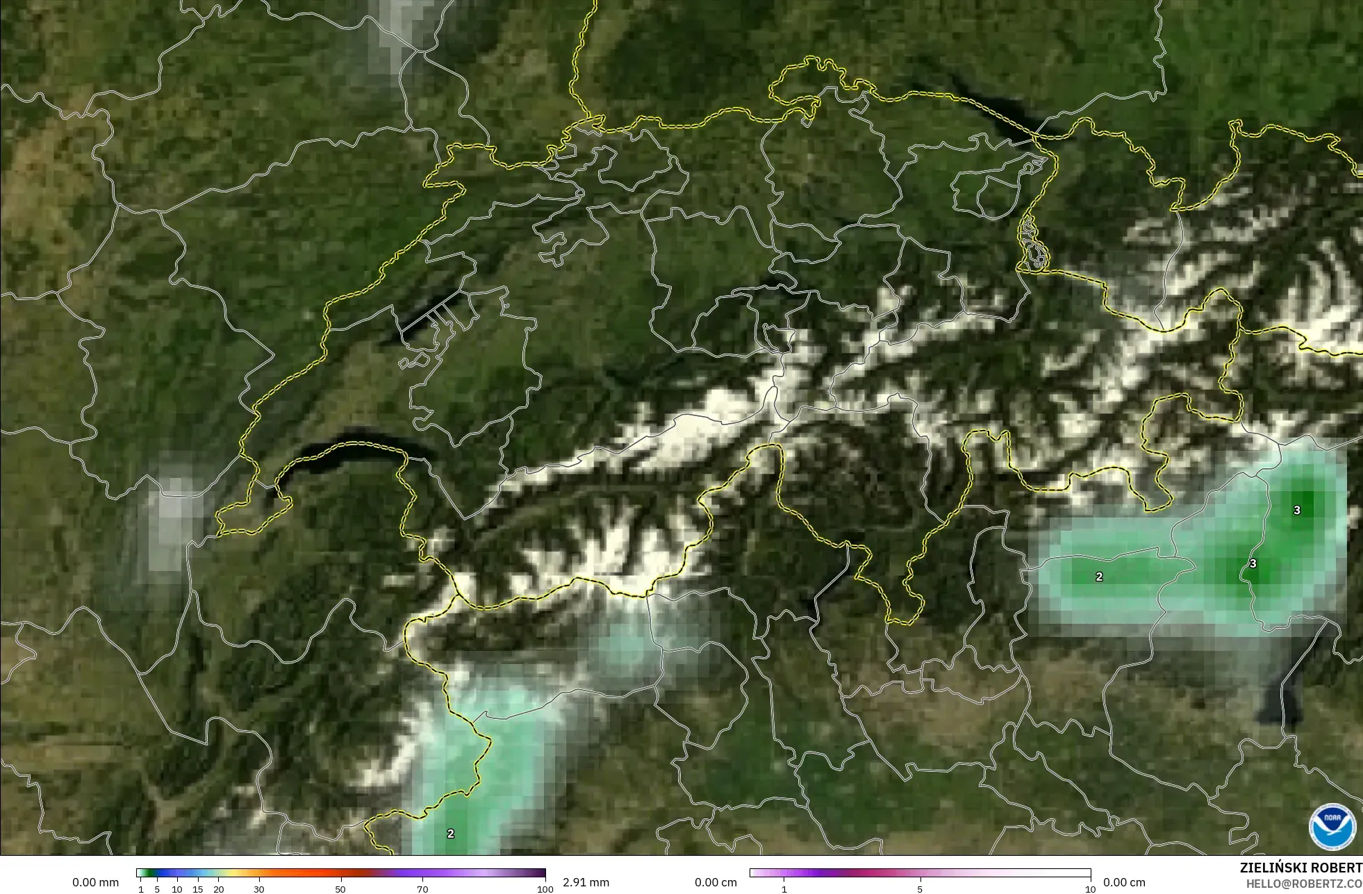 GFS model - Switzerland, Precipitation, Clouds, and Pressure