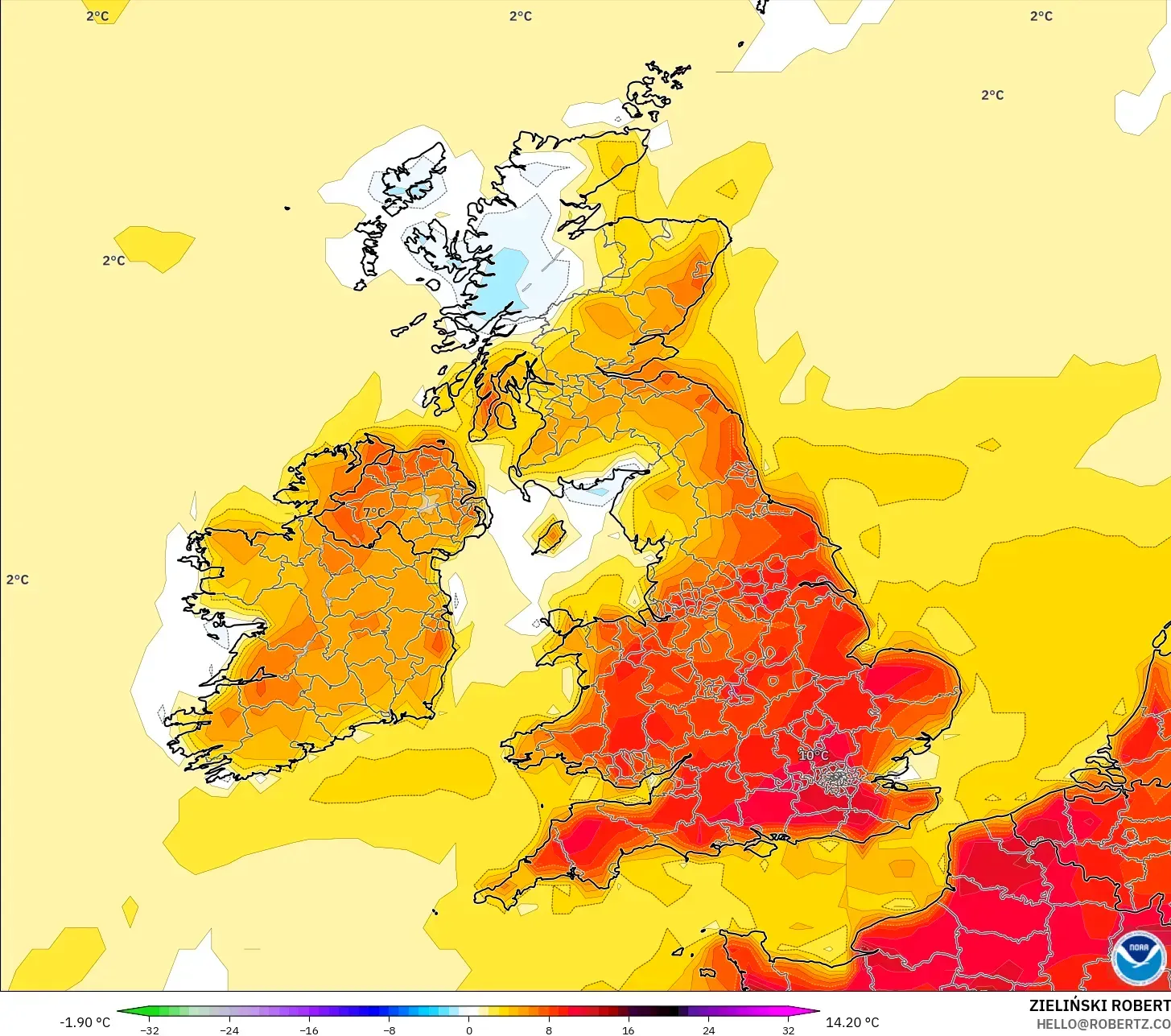 GFS model - United Kingdom, Temperature at 2m Anomaly