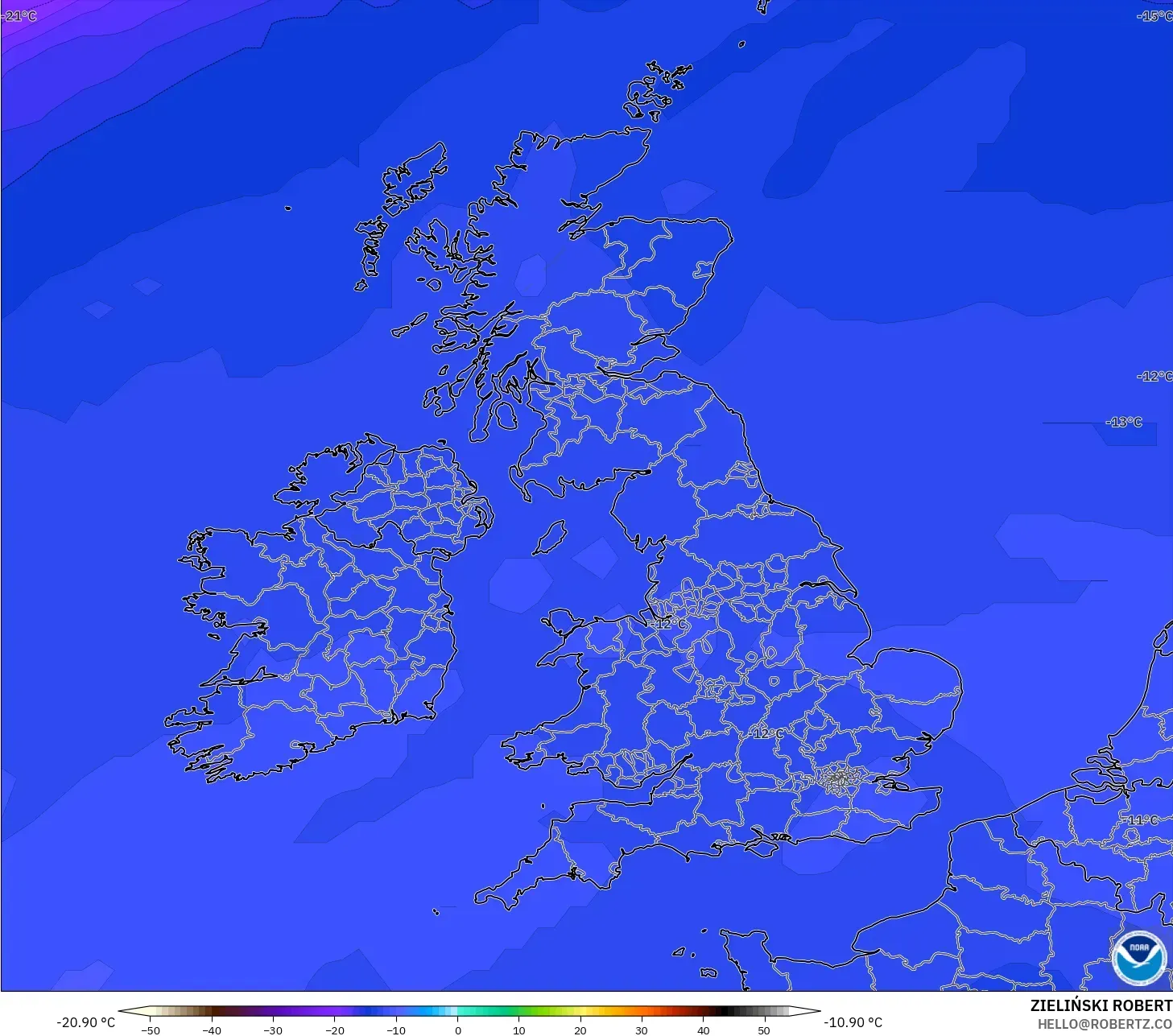 GFS model - United Kingdom, Temperature at 500hPa