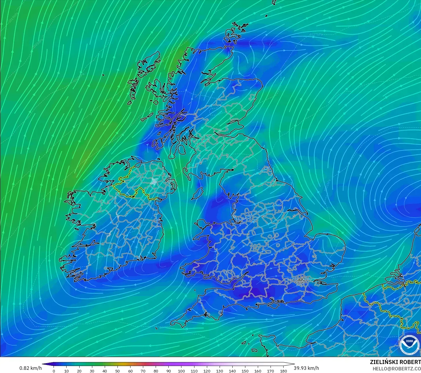 GFS model - United Kingdom, Wind at 10m