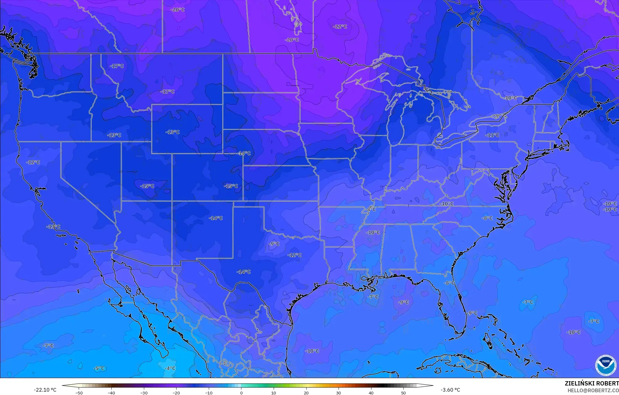 GFS model - United States, Temperature at 500hPa