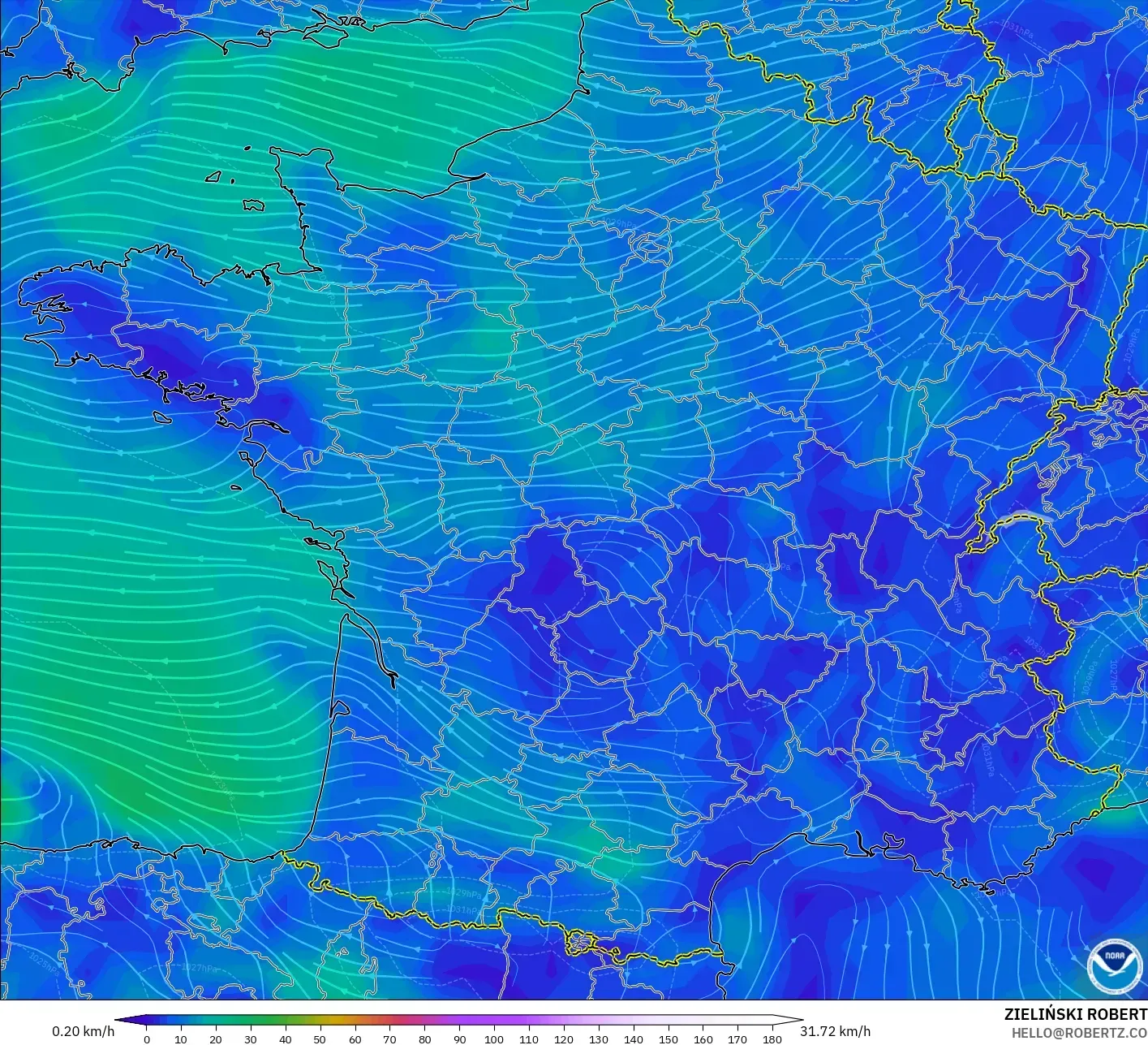GFS model - France, Wind at 10m