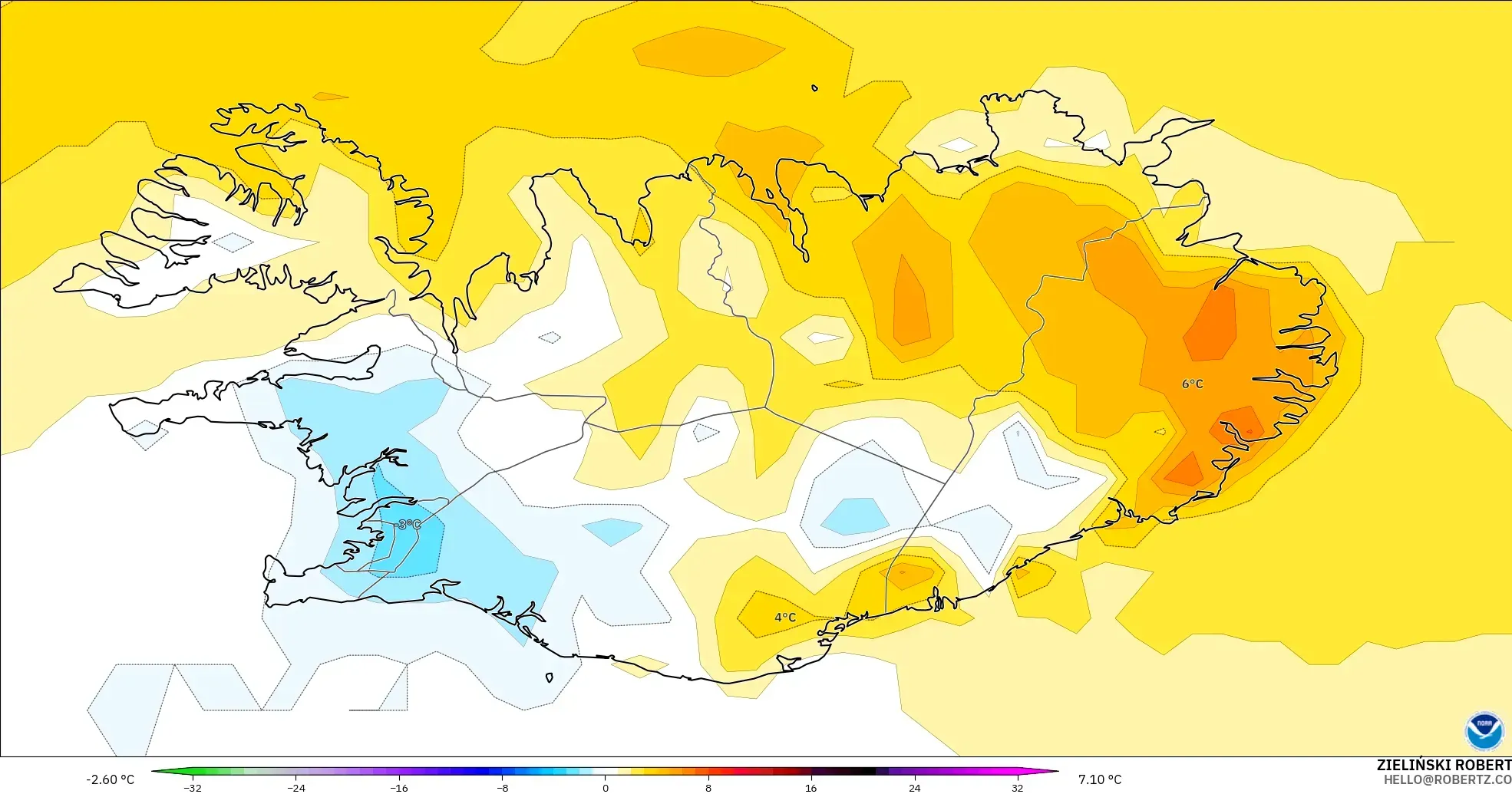 GFS model - Iceland, Temperature at 2m Anomaly