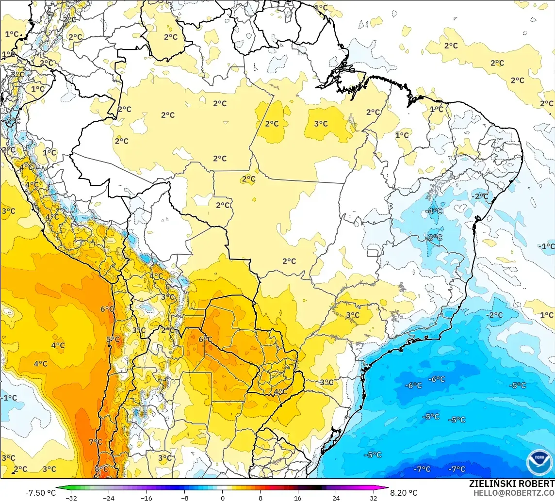GFS model - Brazil, Temperature at 850hPa Anomaly