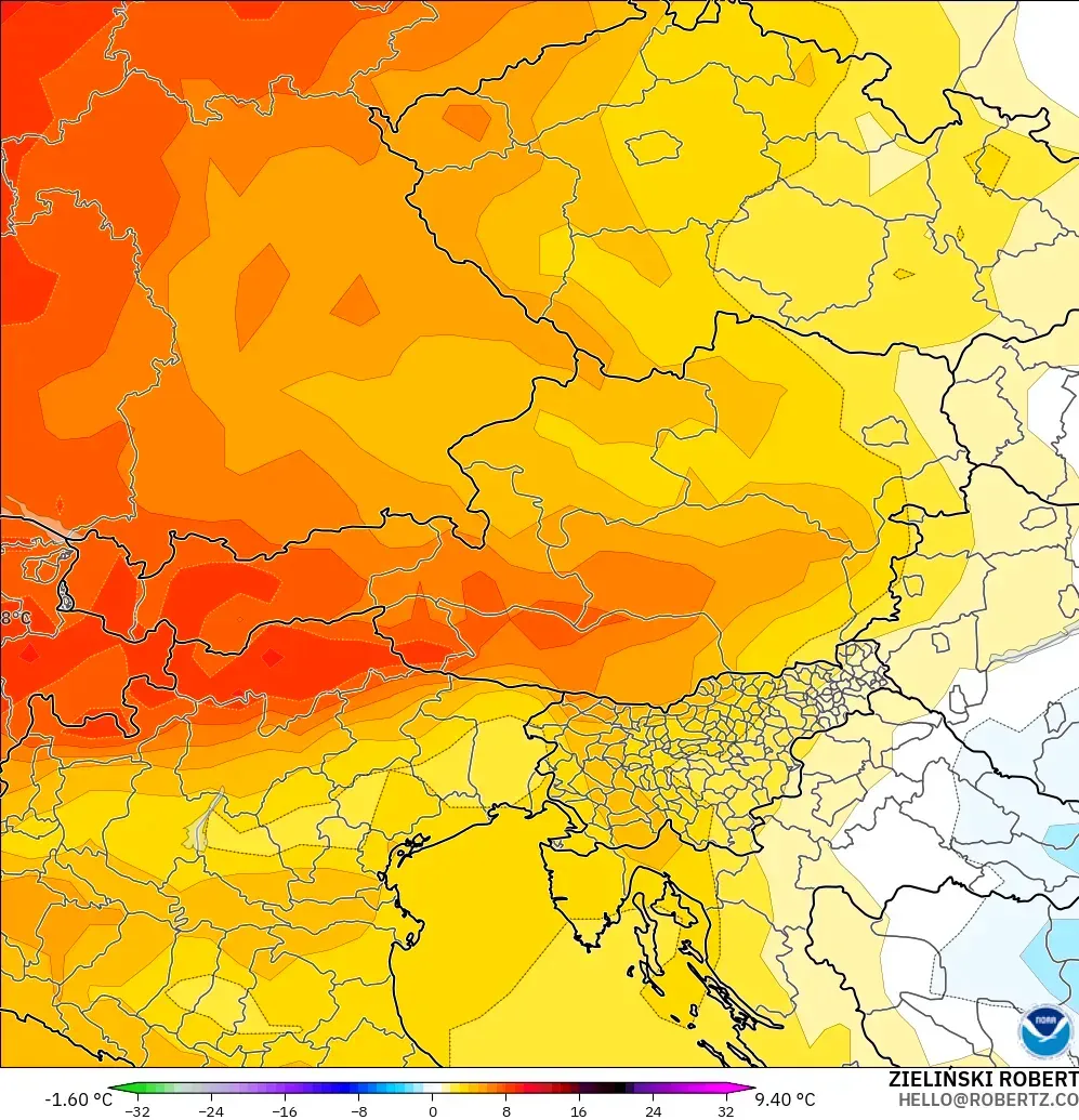 GFS model - Austria, Temperature at 850hPa Anomaly