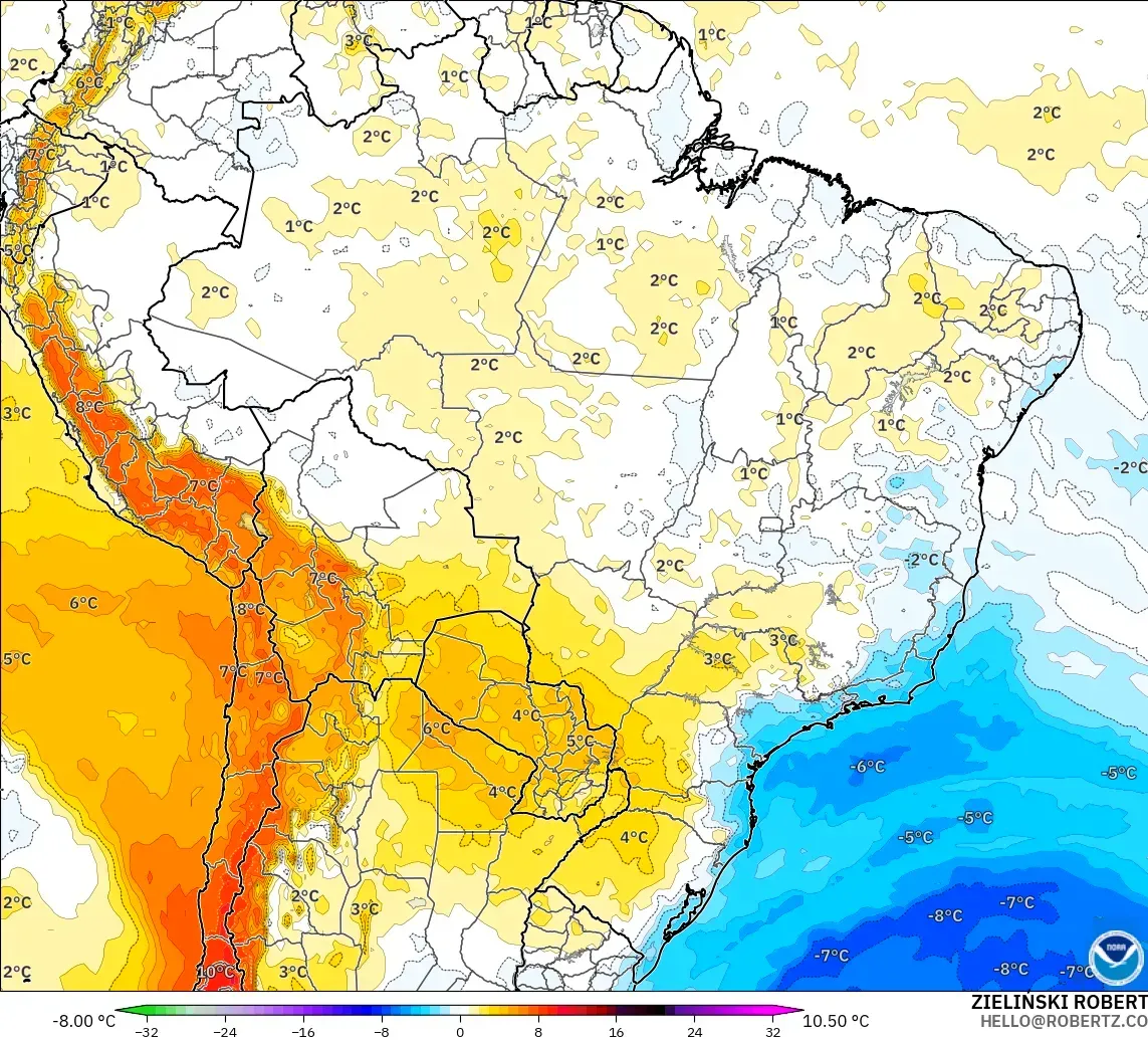 GFS model - Brazil, Temperature at 850hPa Anomaly